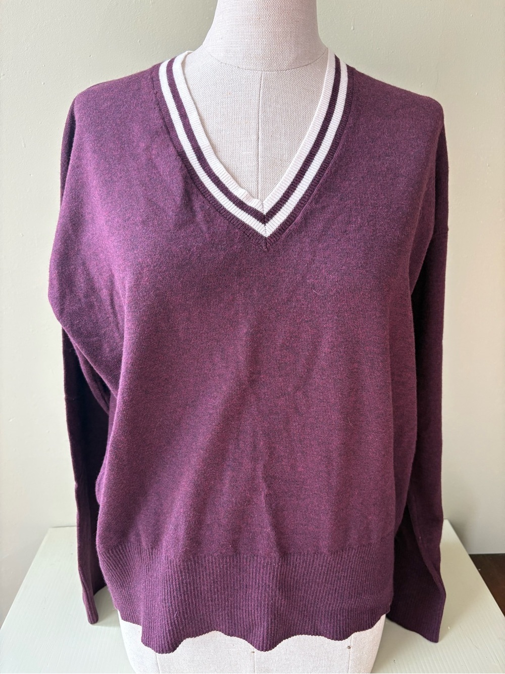 Denver Hayes Burgundy V-Neck Sweater white trim Sz M lightweight knit, academia